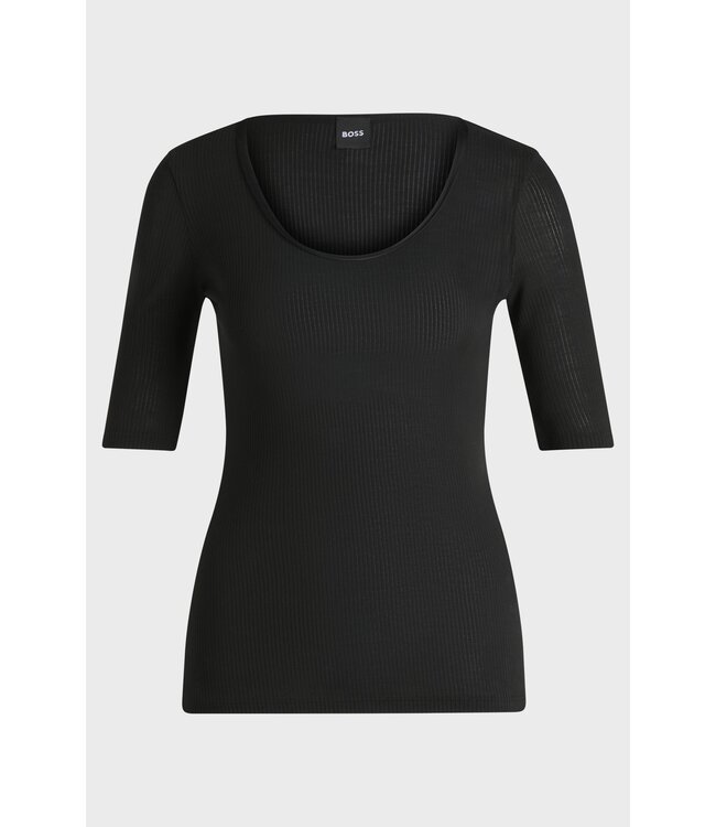 BOSS T-shirt à encolure dégagée en tissu côtelé extensible