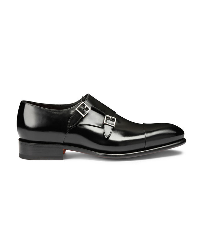 SANTONI Polished Black Leather Double-Buckle Shoe