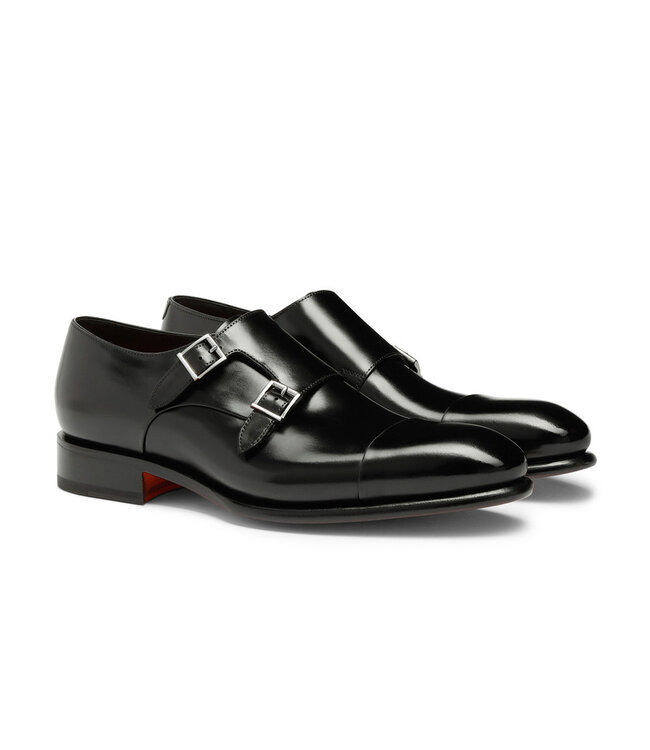 SANTONI Polished Black Leather Double-Buckle Shoe