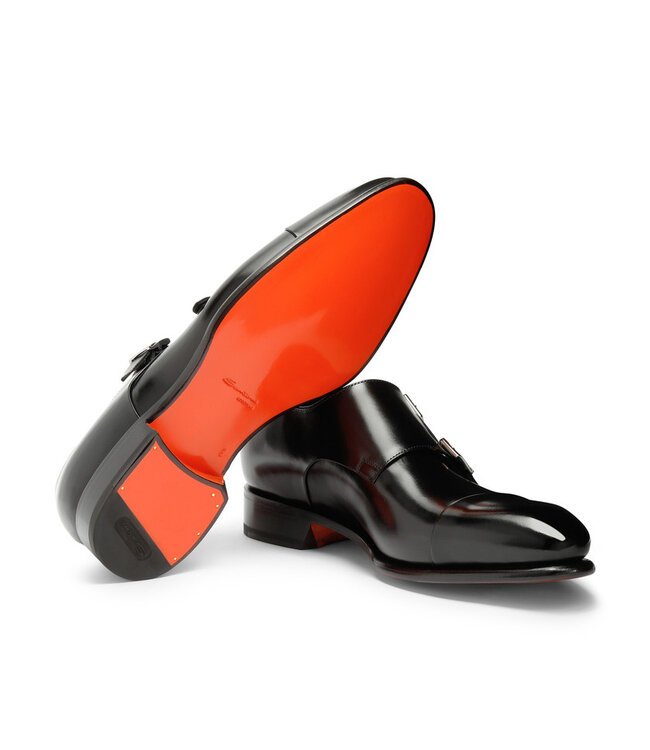 SANTONI Chaussures à Double Boucle en Cuir Noir Verni