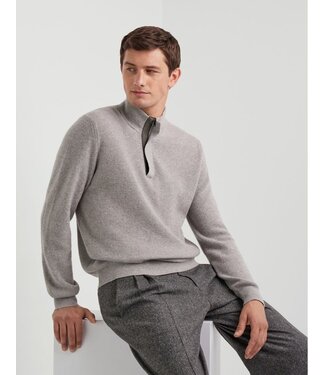 CANALI Wool and Cashmere Mock-Neck Sweater With Zipper and Lambskin Details