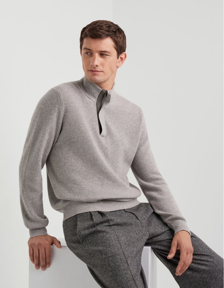 Wool and Cashmere Mock-Neck Sweater With Zipper and Lambskin Details