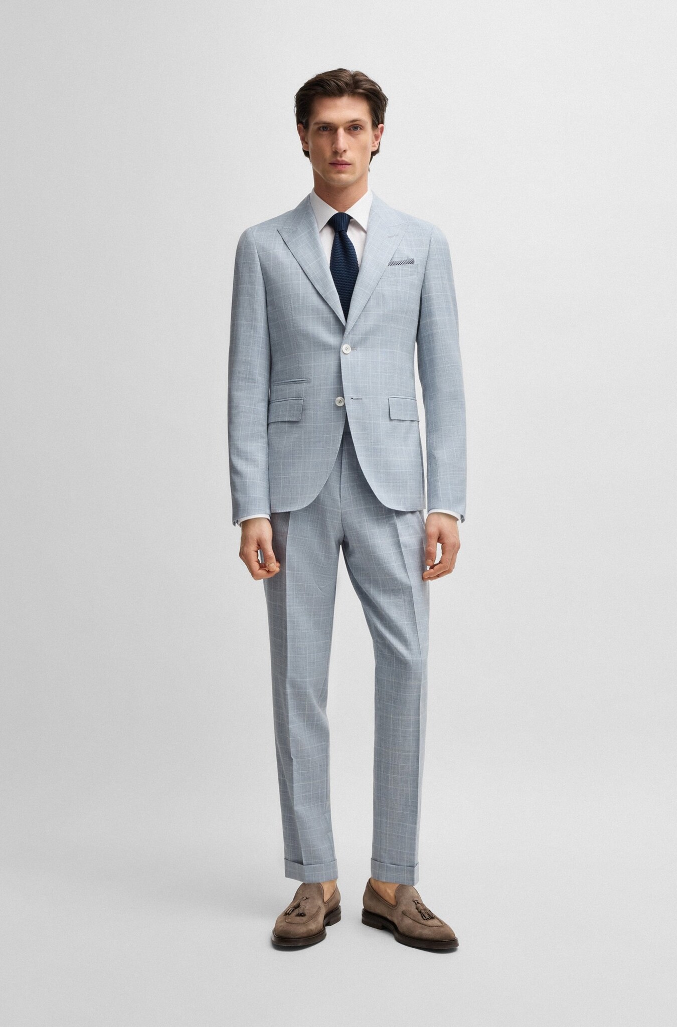 Slim-fit wool, silk, and linen check suit