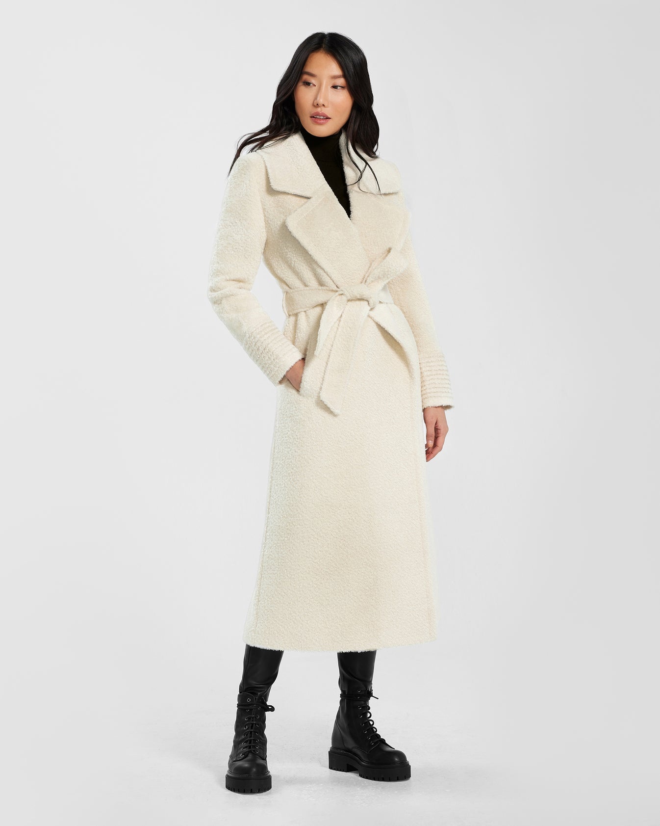 Bouclé Alpaca Long Notched Collar Wrap Coat SEN20-2060BU