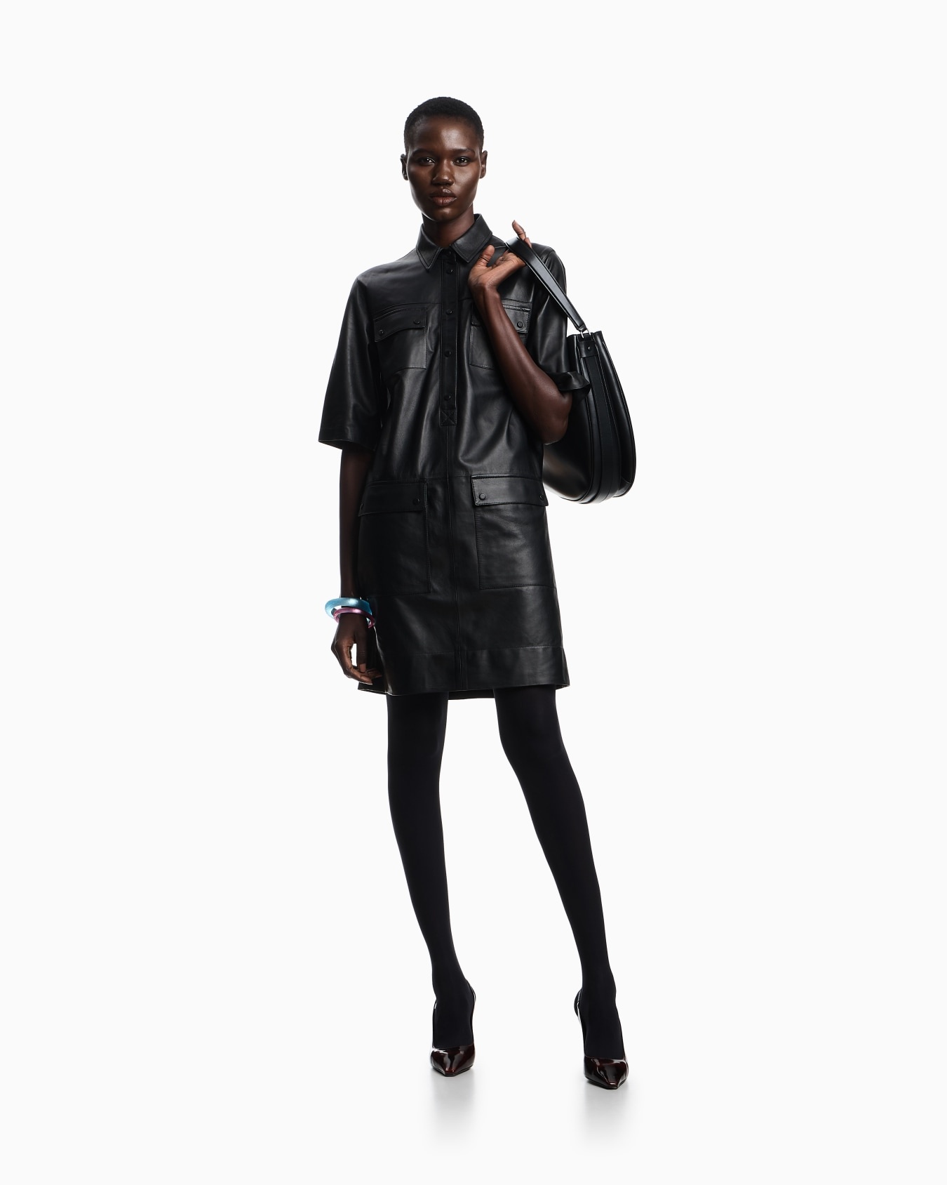 Short-Sleeved Dress in Nappa Lambskin
