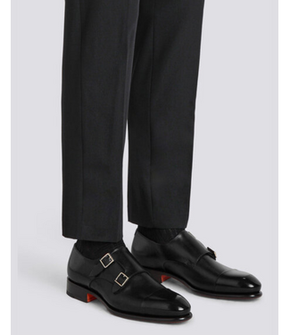 SANTONI Polished Black Leather Double-Buckle Shoe
