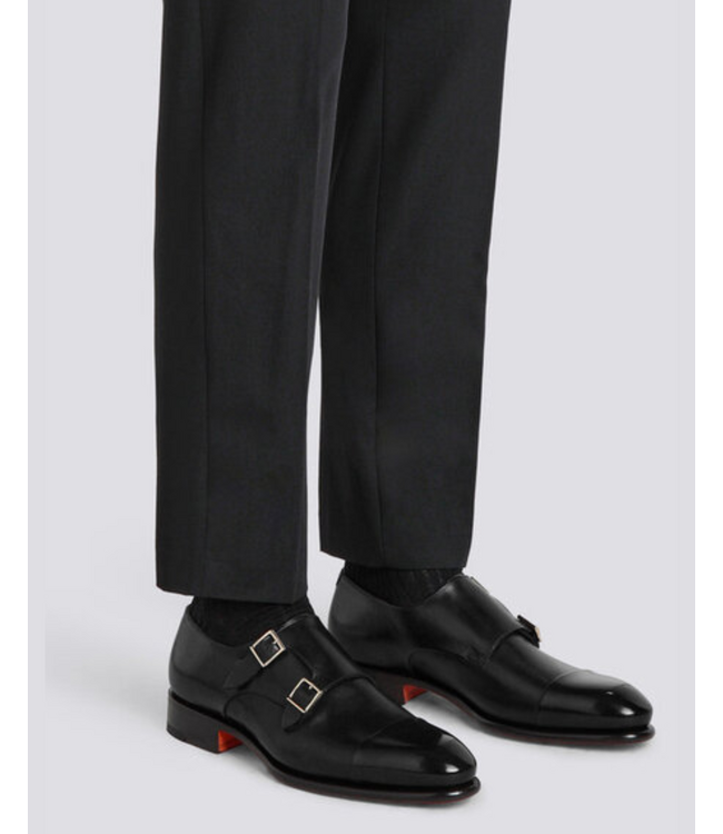 SANTONI Polished Black Leather Double-Buckle Shoe