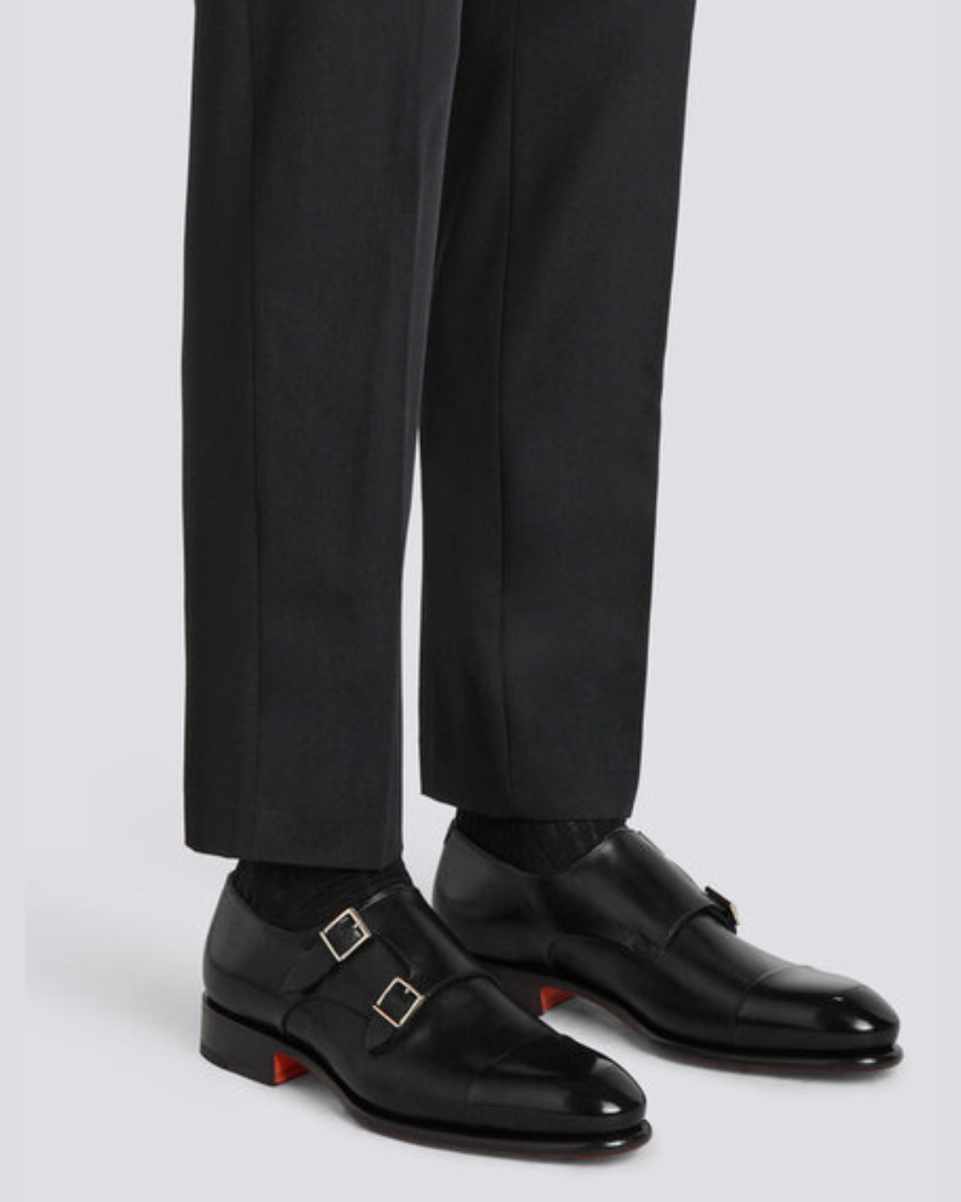 Polished Black Leather Double-Buckle Shoe