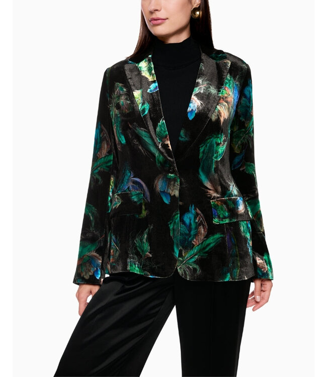 MARC CAIN Velvet Blazer with Feather Print & Fur Detail