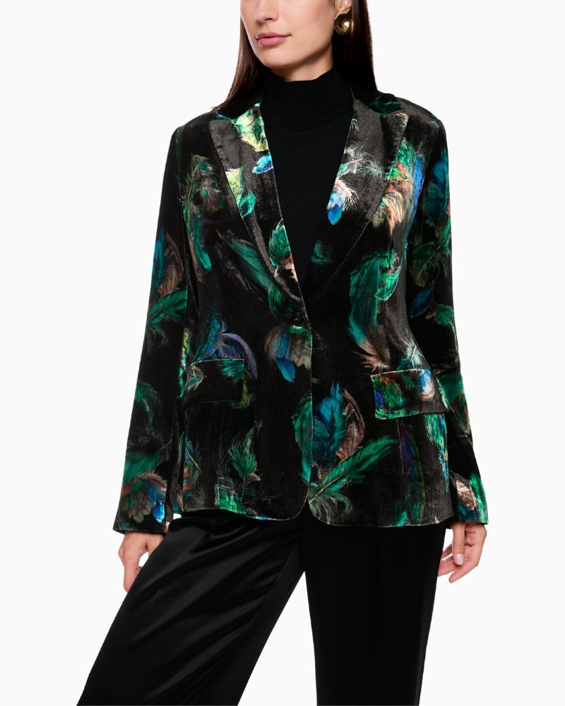 Velvet Blazer with Feather Print & Fur Detail