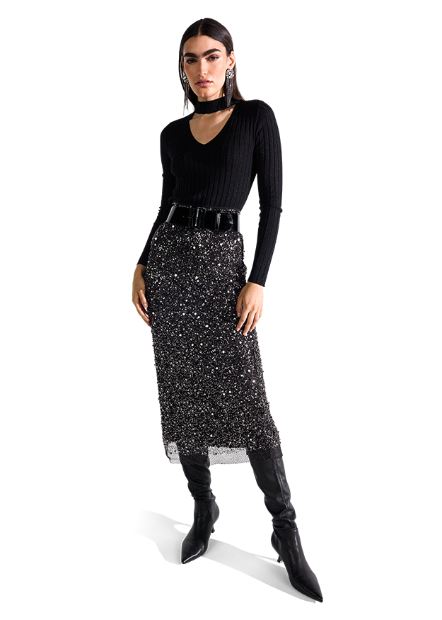 Midi Skirt with Pearl Embroidery