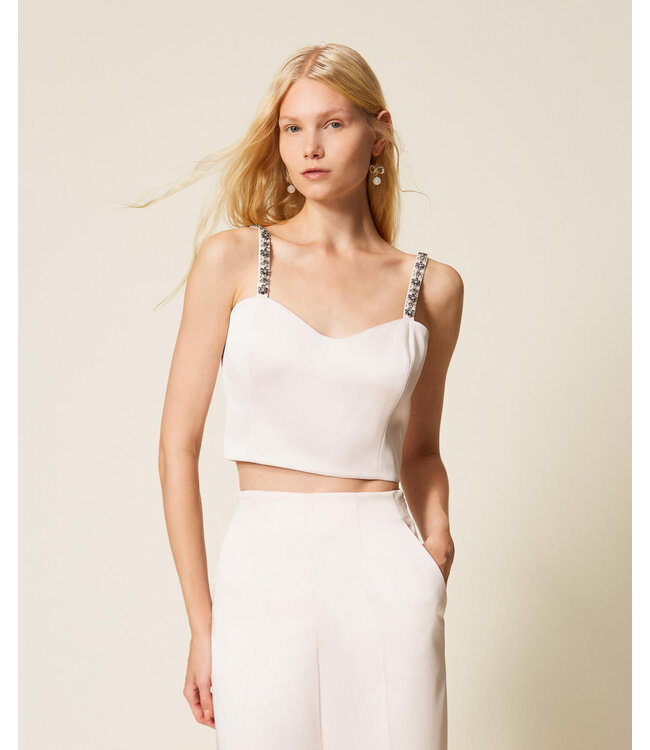 TWINSET Cropped Duchesse Top with Embroidered Straps