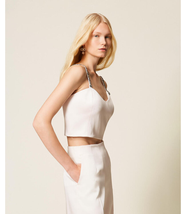 TWINSET Cropped Duchesse Top with Embroidered Straps
