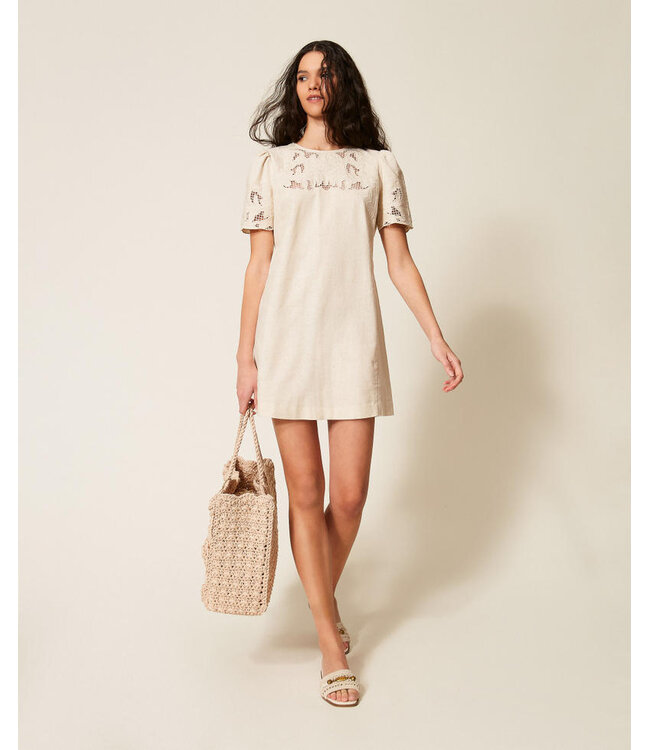 TWINSET Short Linen Blend Dress with Embroidery