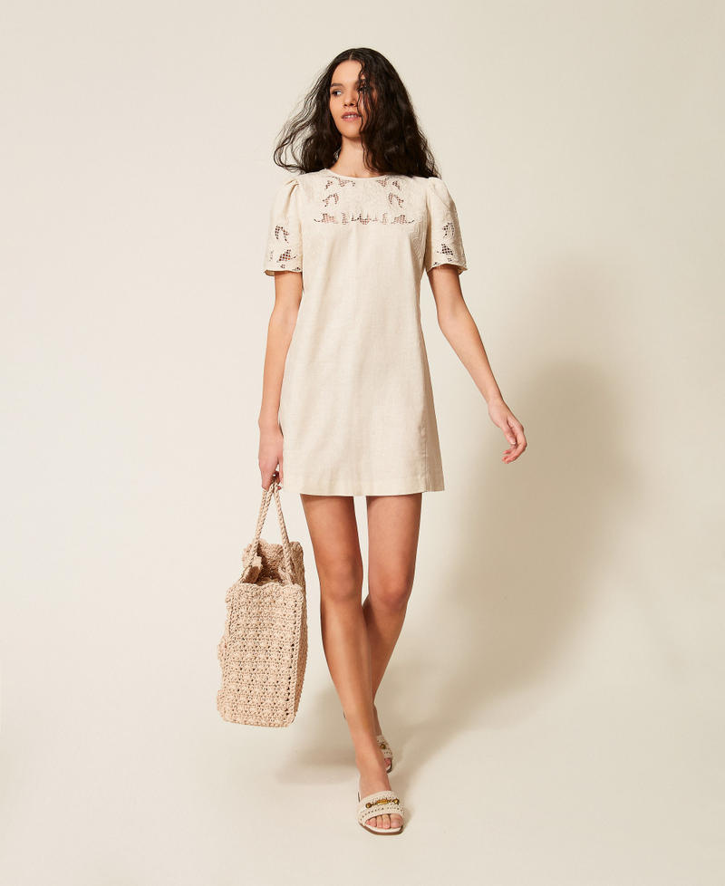 Short Linen Blend Dress with Embroidery