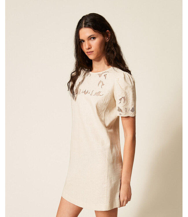 TWINSET Short Linen Blend Dress with Embroidery