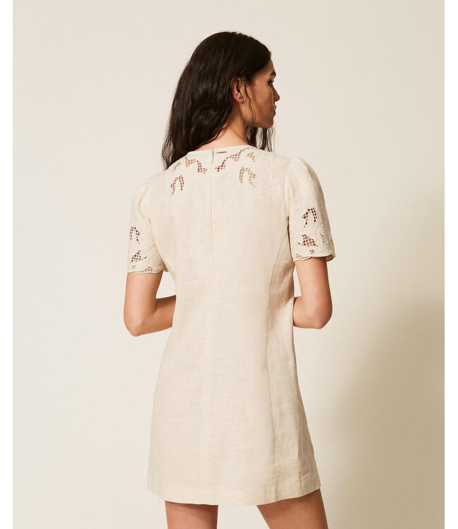 TWINSET Short Linen Blend Dress with Embroidery