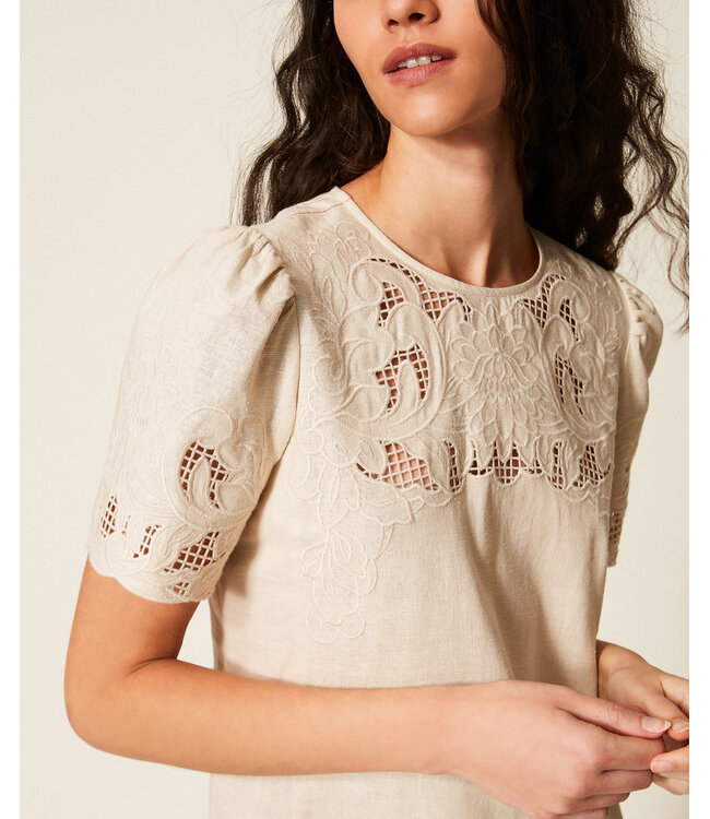 TWINSET Short Linen Blend Dress with Embroidery