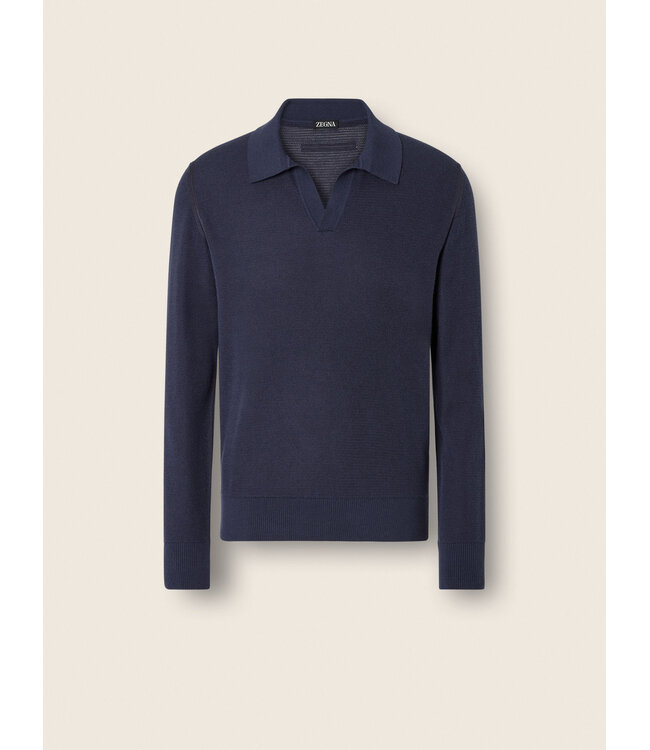 ZEGNA Polo bleu indigo foncé en cachemire et soie
