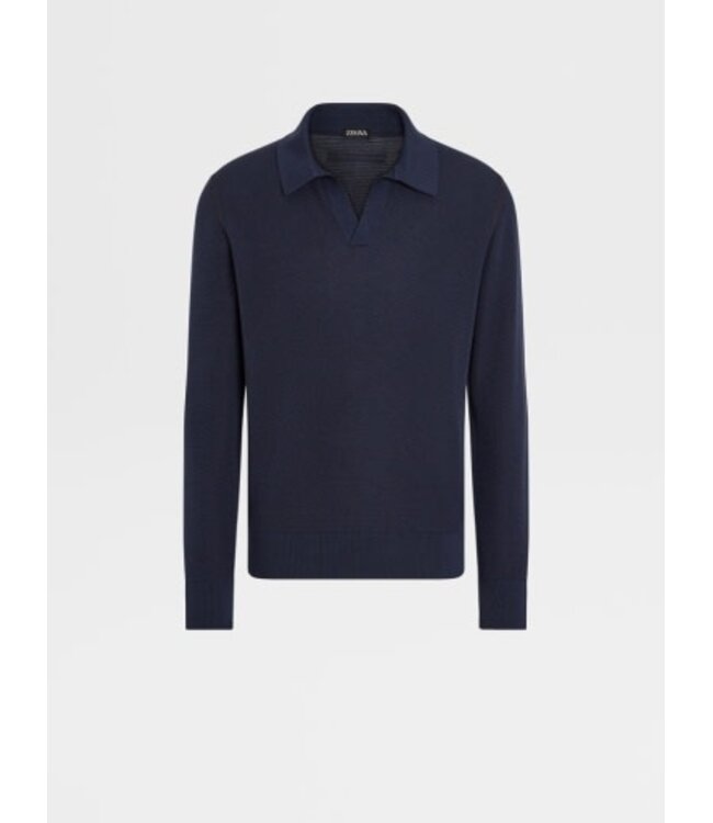 ZEGNA Dark Indigo Blue Cashmere and Silk Polo Shirt
