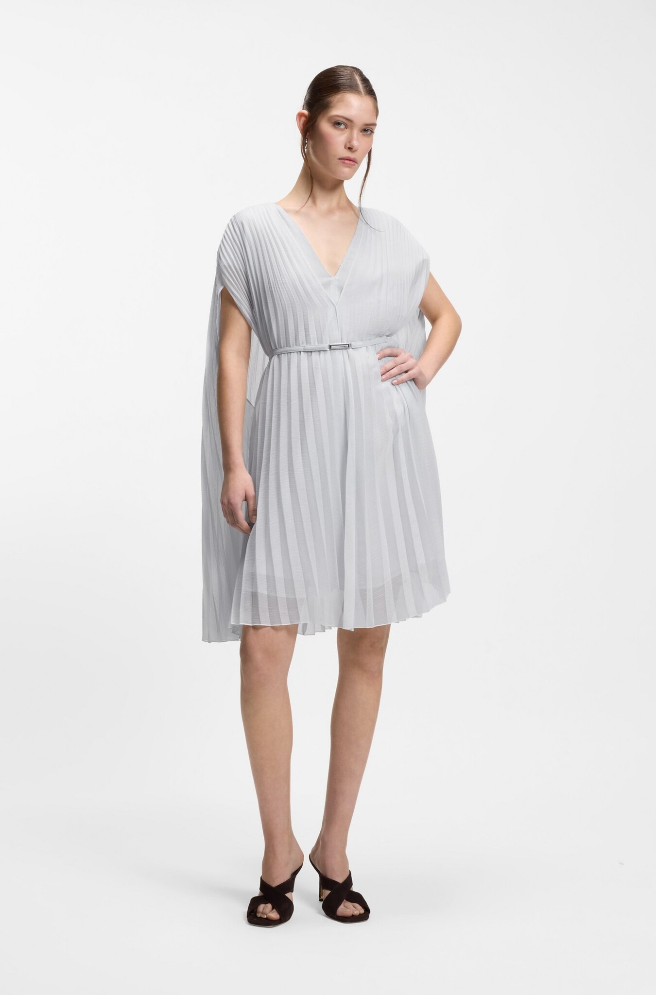Layered Plissé Dress with Cape