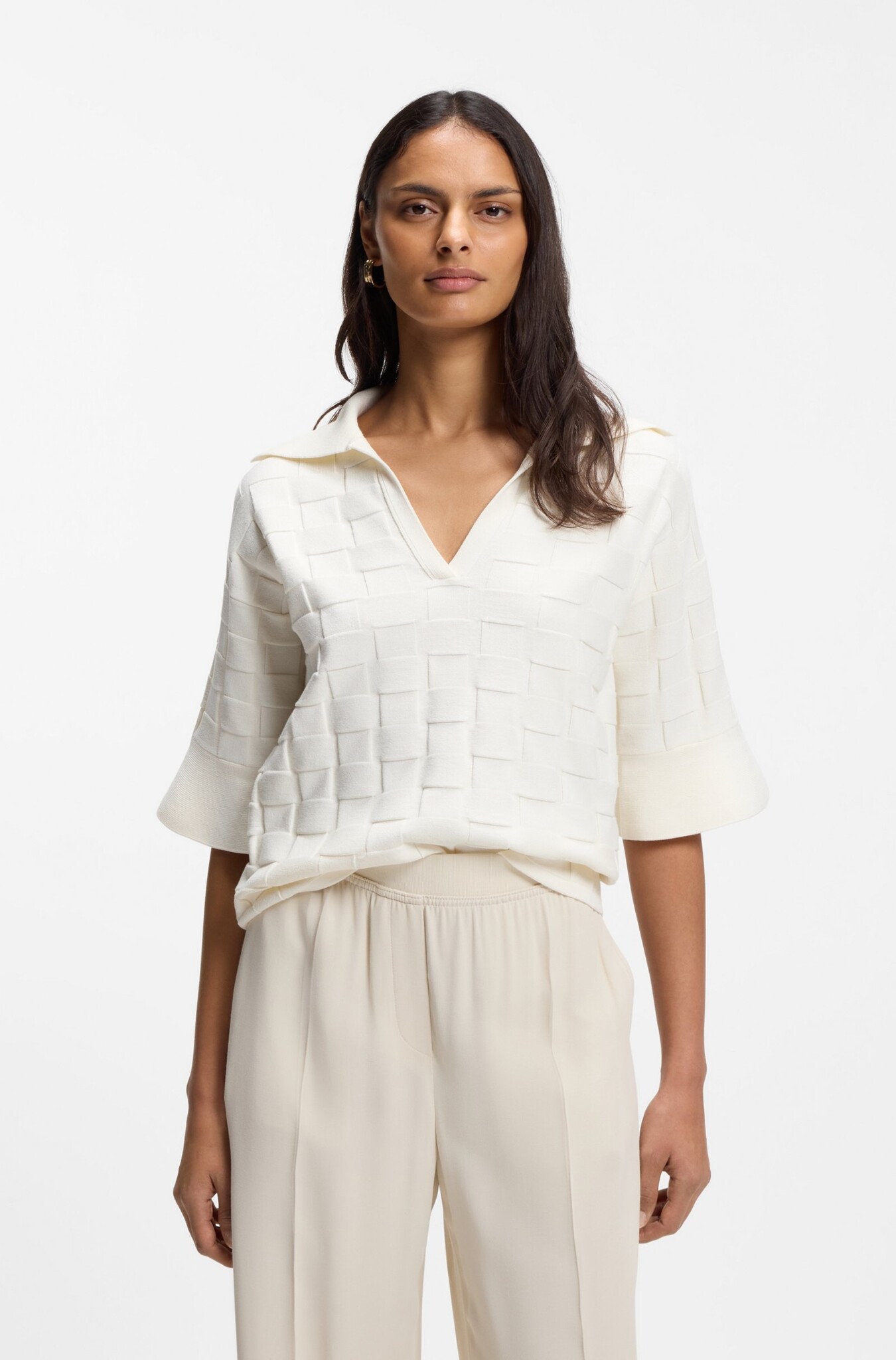 Check-Texture Sweater with Johnny Collar