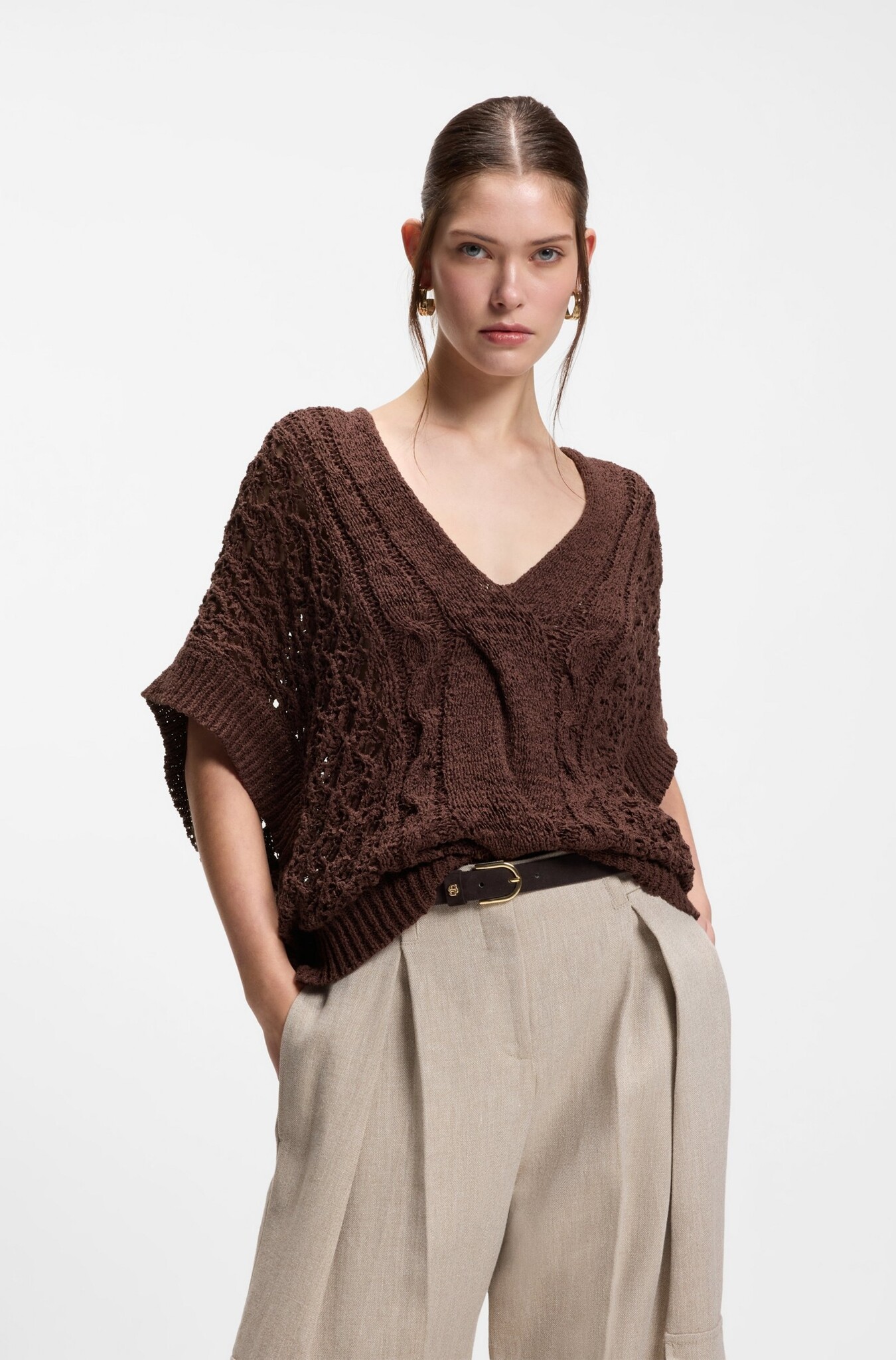 Cotton-Blend Knitted Top with Cable Detailing