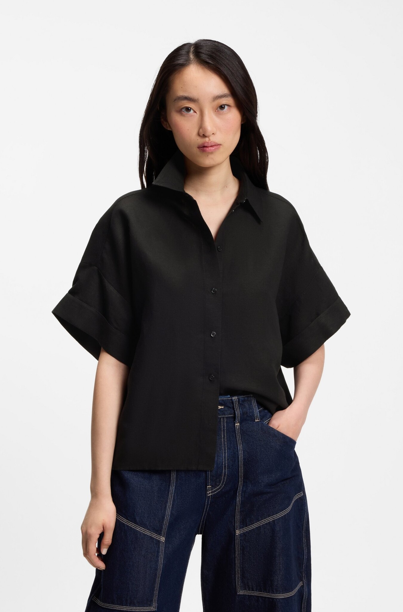 Regular-Fit Blouse with Rolled Cuffs