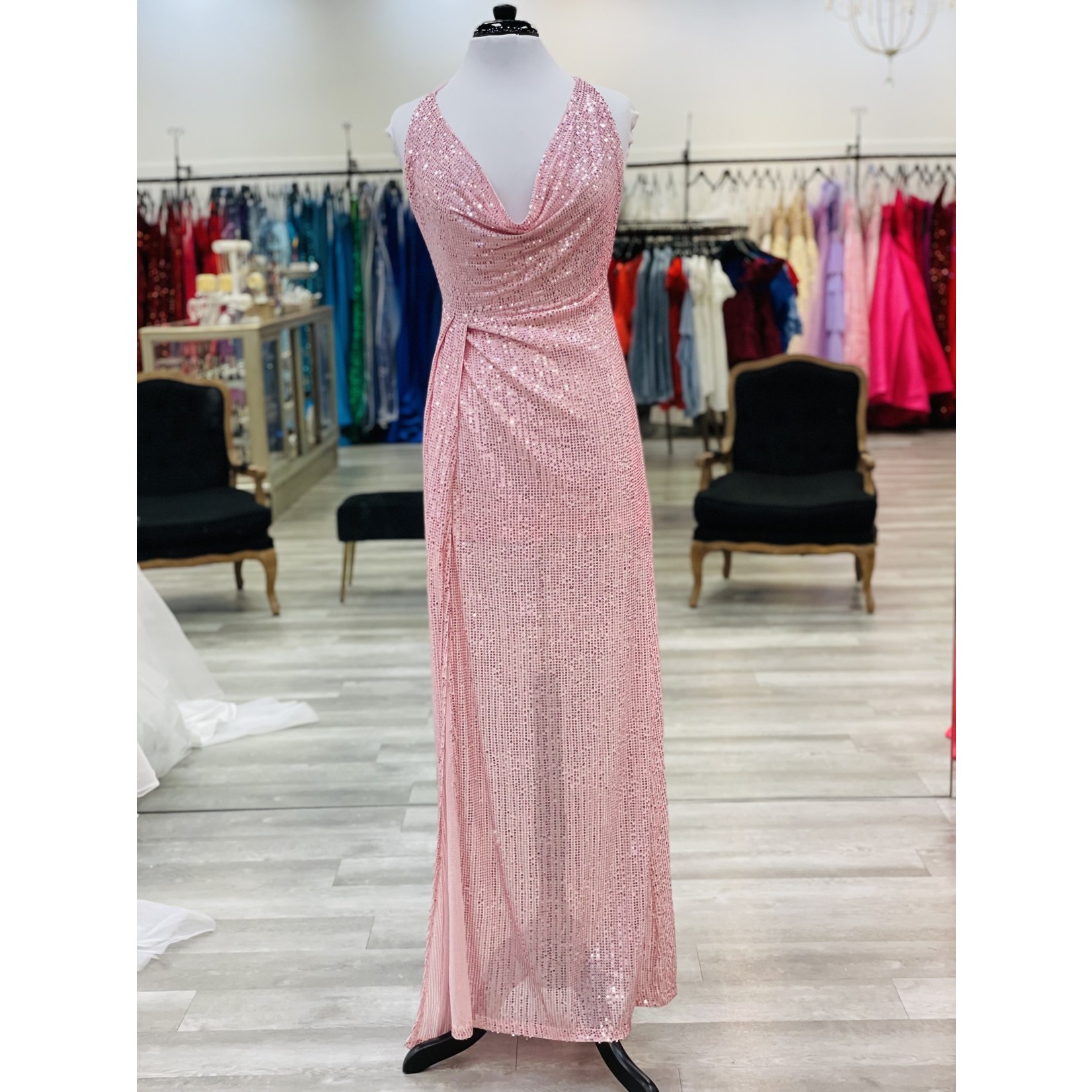 Pink Sequin Halter Long Dress