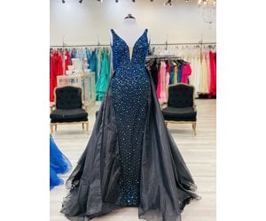 strapless open back dress Cap Sleeved Top Blue A-line Tulle Maxi See Through Sheer Prom Dress main image 0
