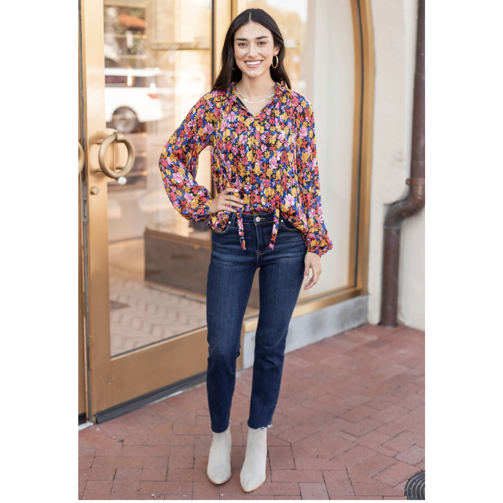 Skies Are Blue Red, Blue and Black Floral Long Sleeve Top