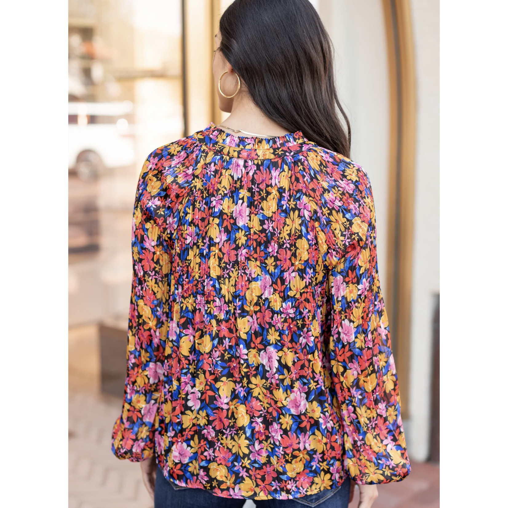 Skies Are Blue Red, Blue and Black Floral Long Sleeve Top