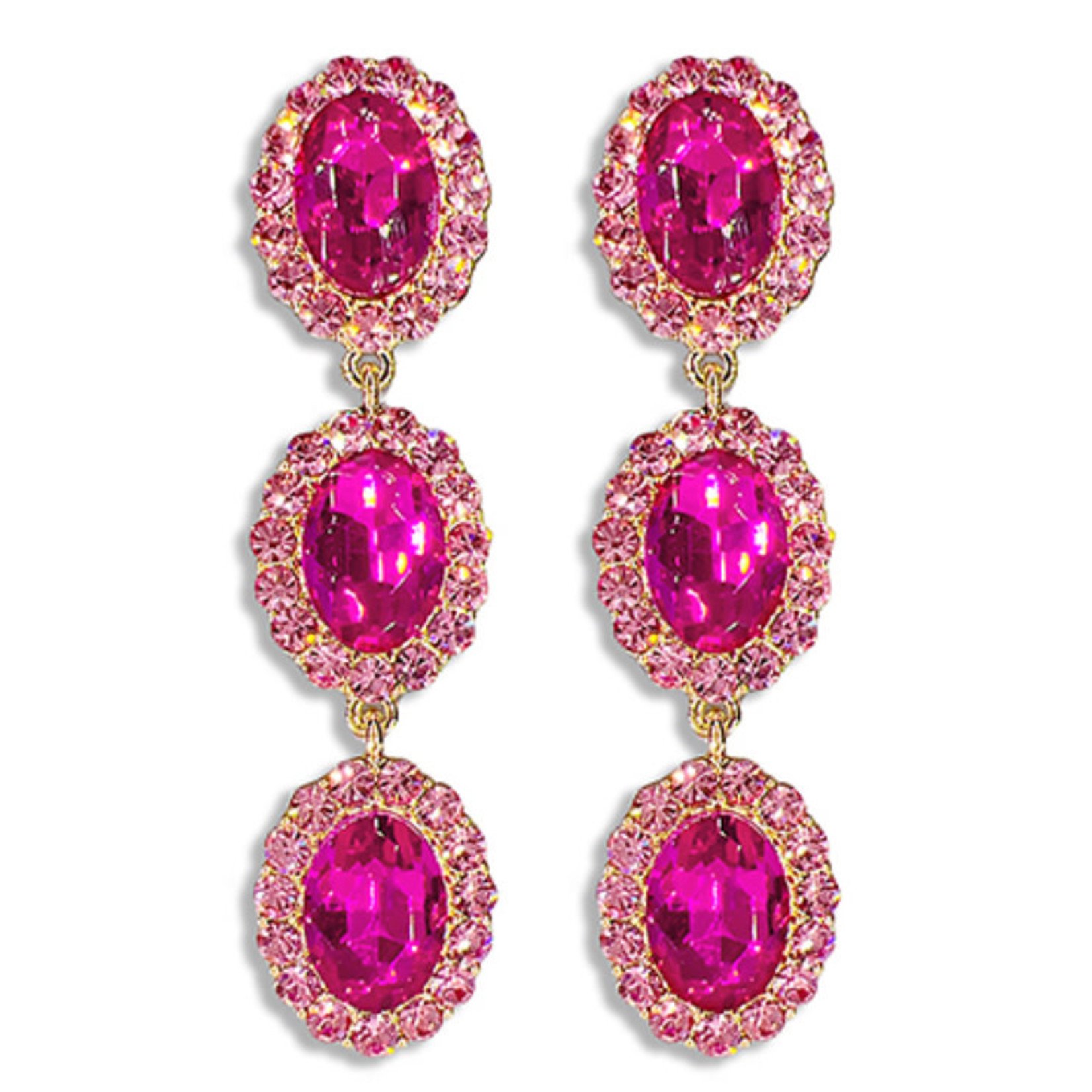 Crystal Oval 3 Drop Earrings-Fuchsia