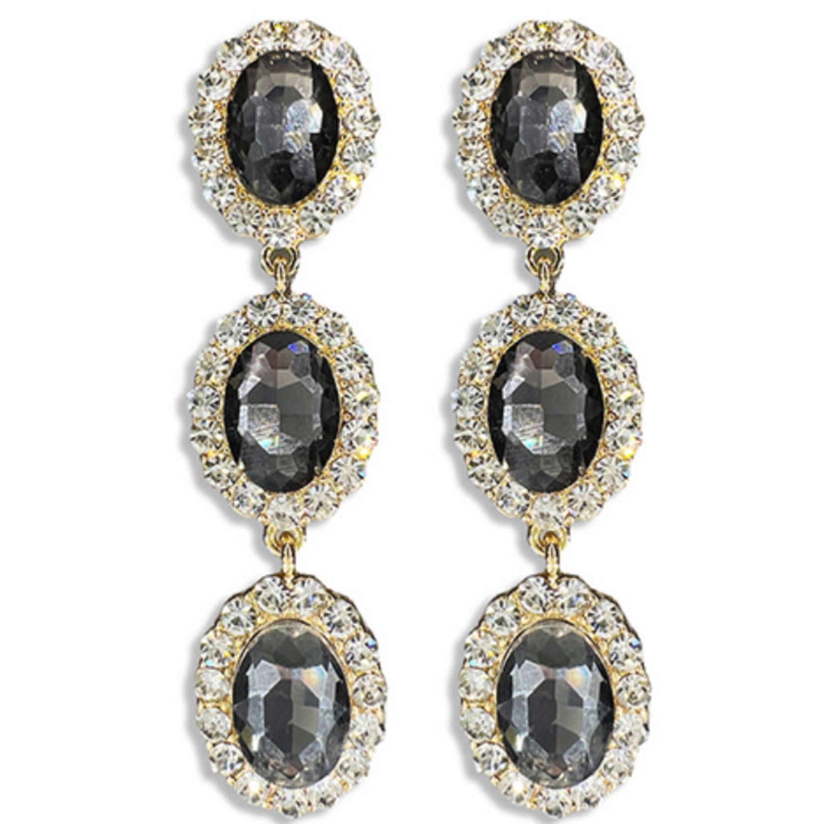 Crystal Oval 3 Drop Earrings-Black