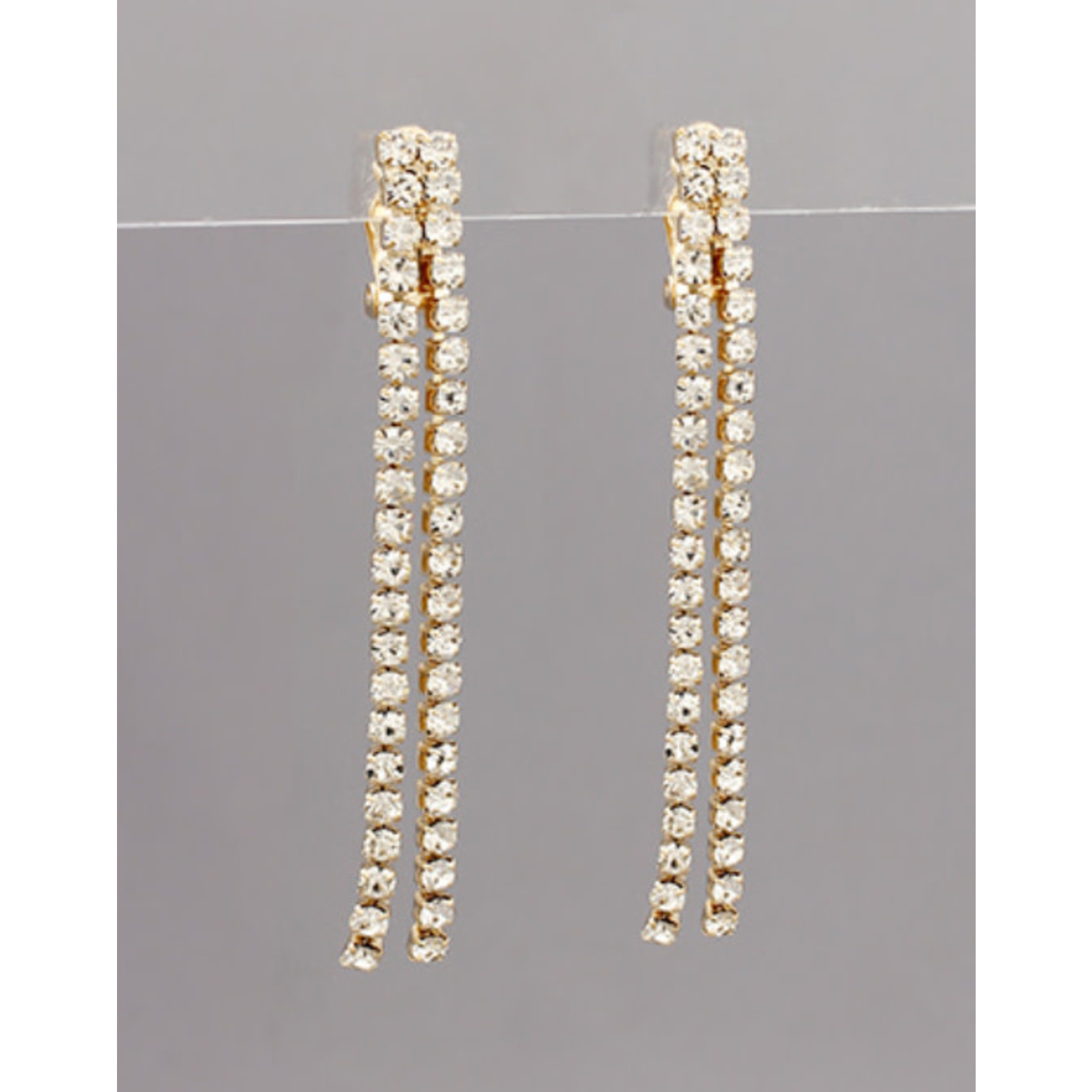 CZ 2 Row Tassel Earrings-Gold-CLIP ON