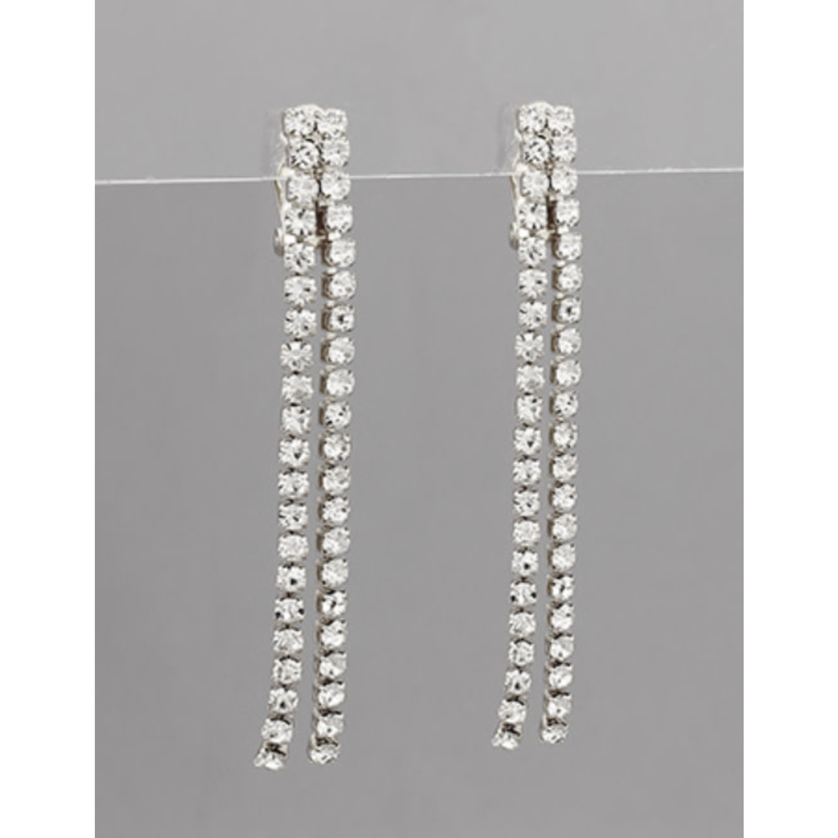 CZ 2 Row Tassel Earrings-Silver-CLIP ON