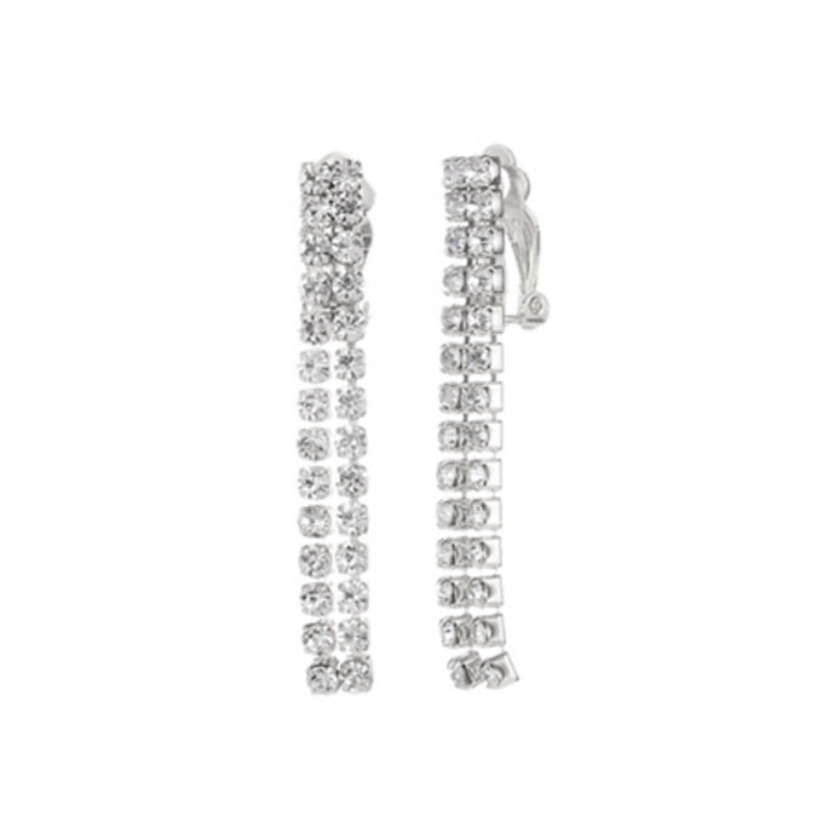 Double Crystal Linear Earrings-Silver-CLIP ON