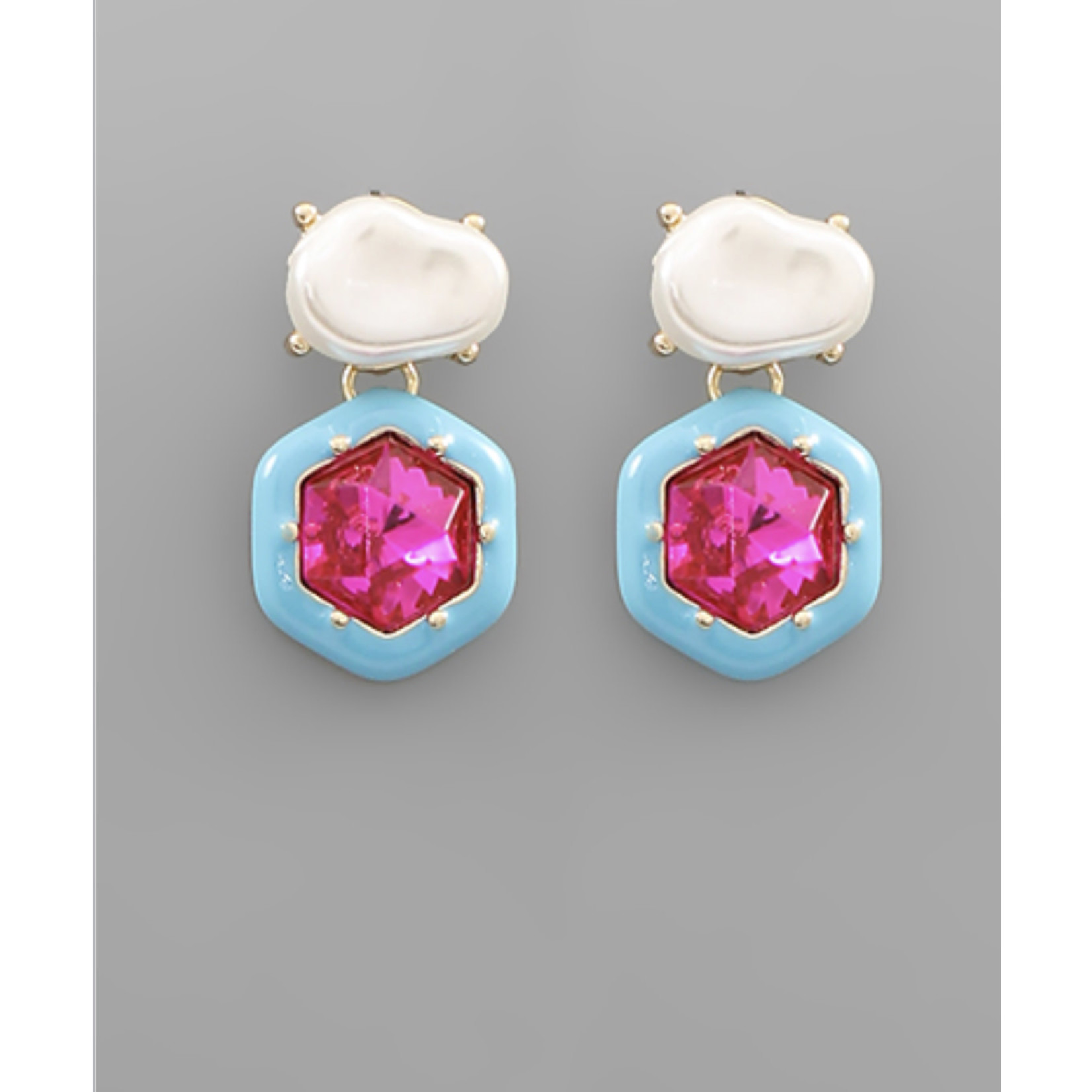 Pearl and Fuchsia Hexagon Earrings