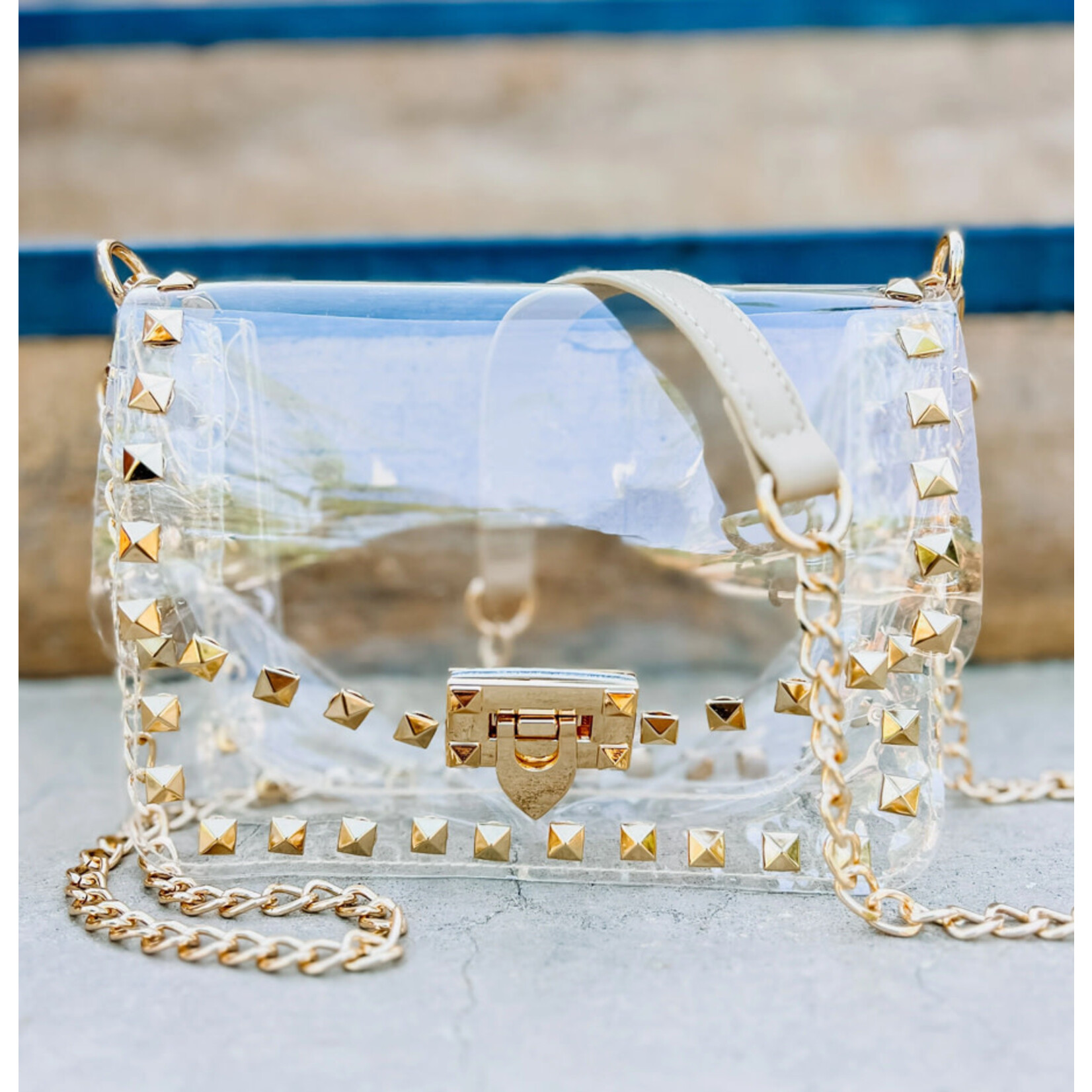 Camilla Clear Crossbody Purse With Gold Studs