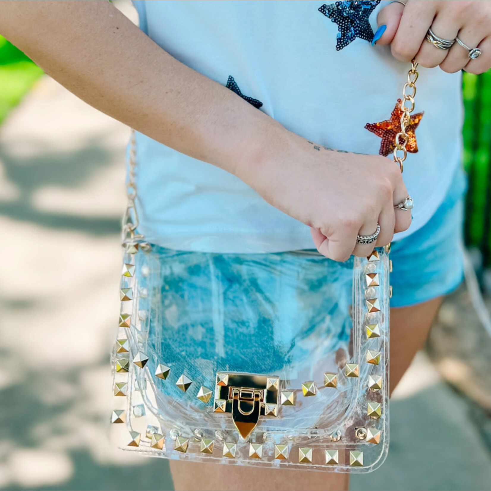 Camilla Clear Crossbody Purse With Gold Studs