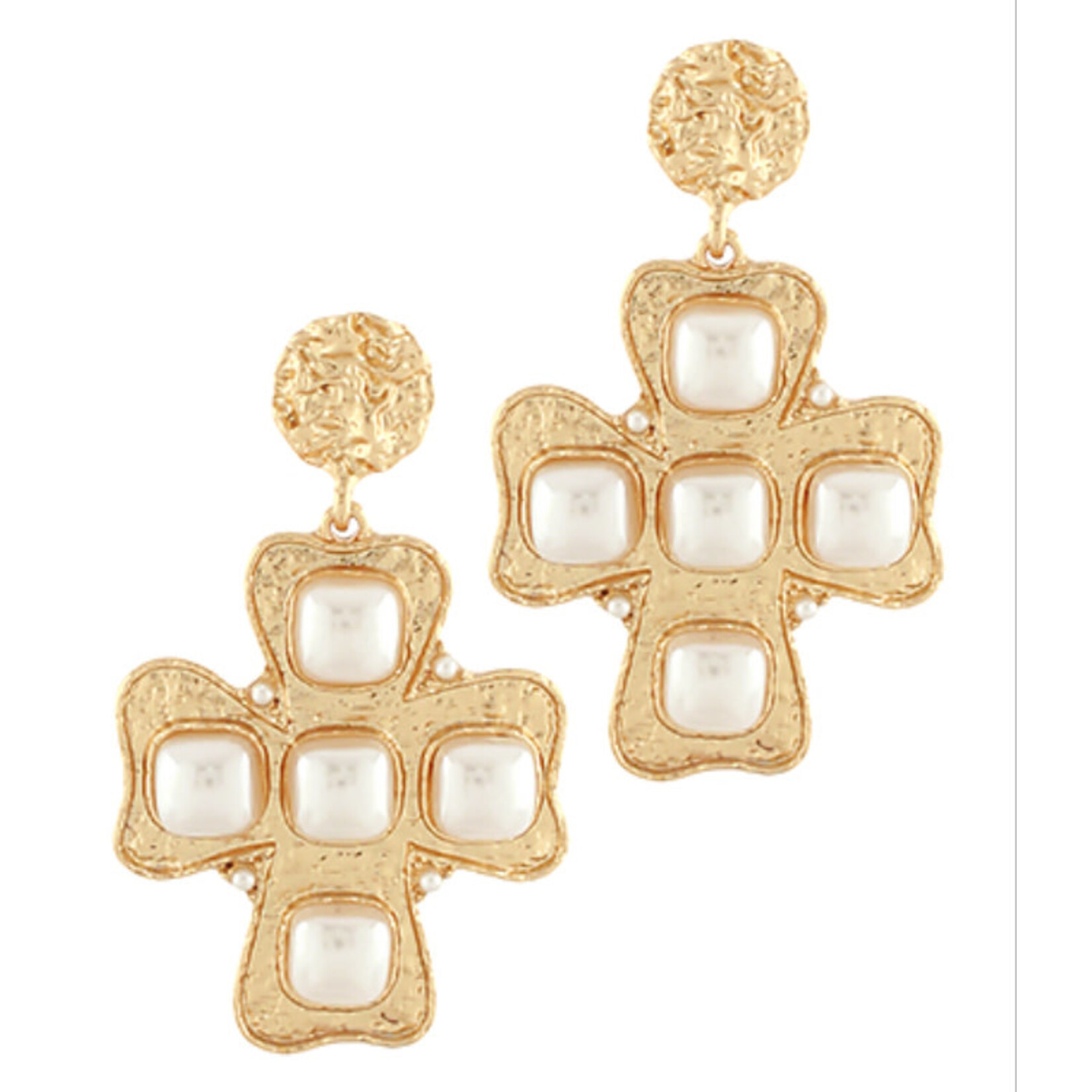 Hammered Cross and Pearl Earrings