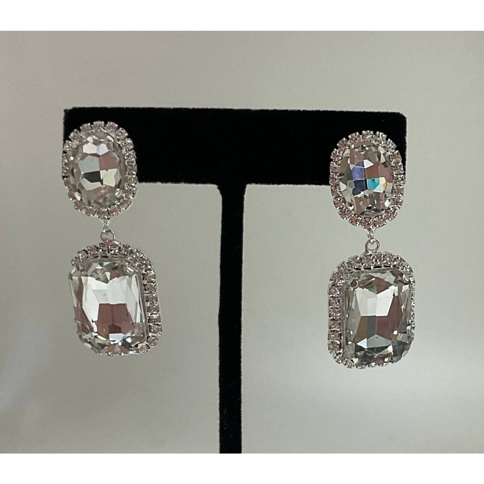 CZ Square 2 Stone Drop Earrings
