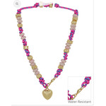 Hot Pink Cord Necklace With Gold Heart- WATERPROOF