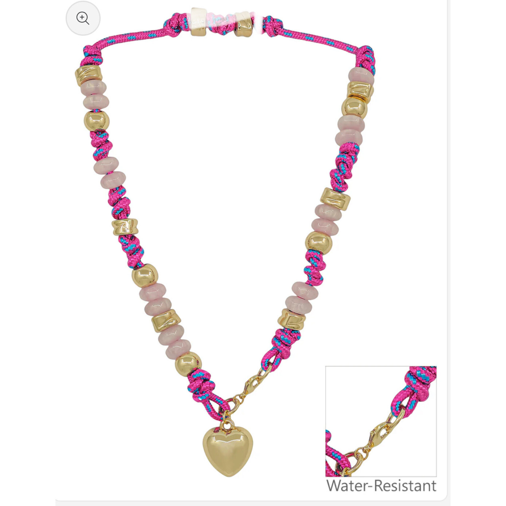 Hot Pink Cord Necklace With Gold Heart- WATERPROOF
