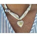Cream and Blue Scarf Necklace With Heart Charm