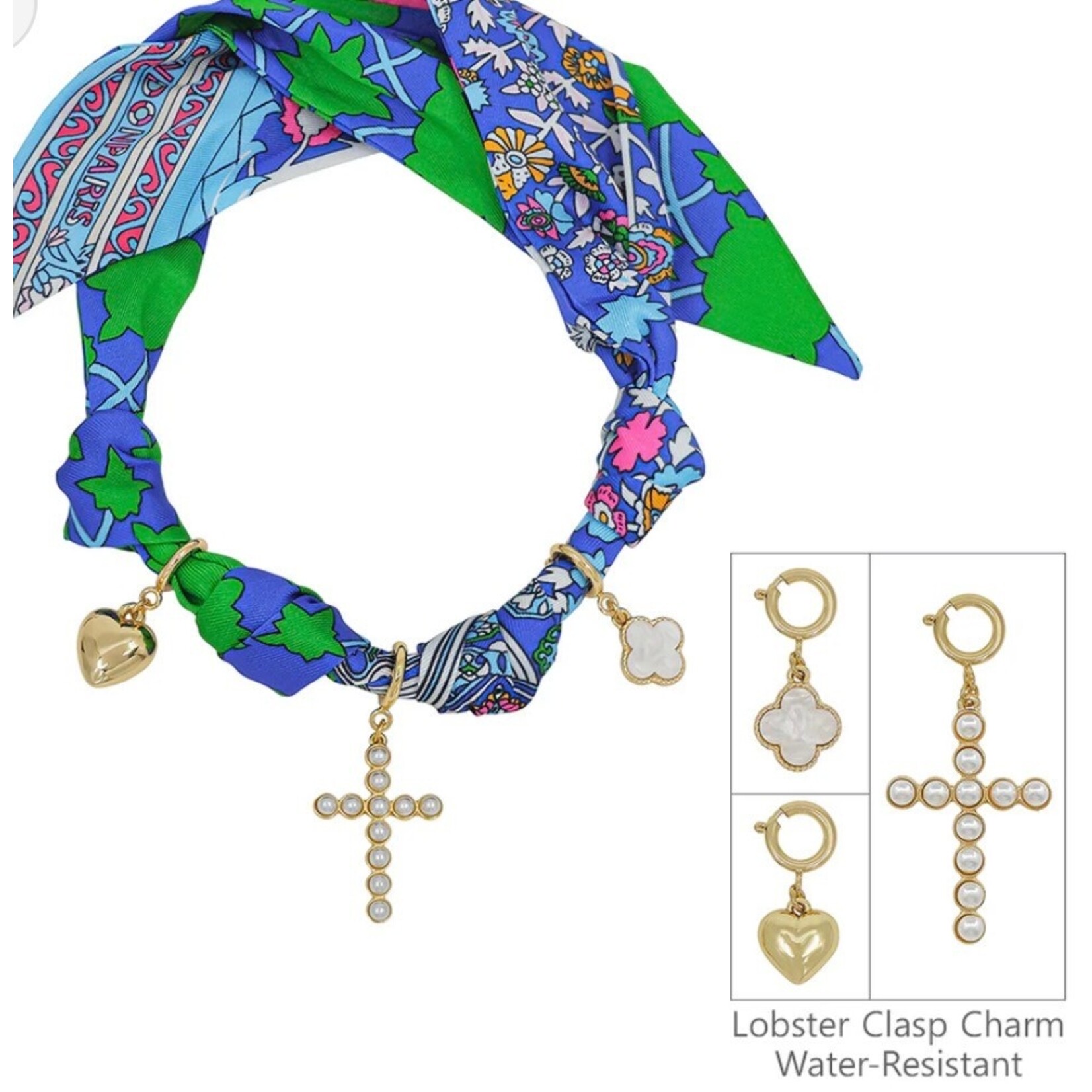 Blue/Pink/Green Scarf Necklace with 3 Charms