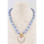 Blue Beaded Necklace with Pearlized Heart