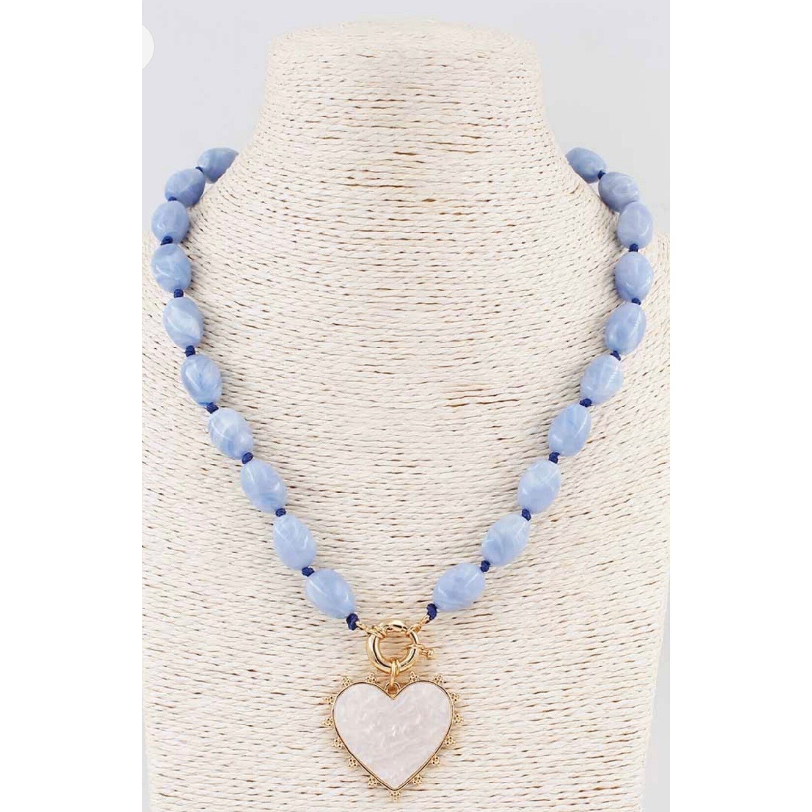 Blue Beaded Necklace with Pearlized Heart