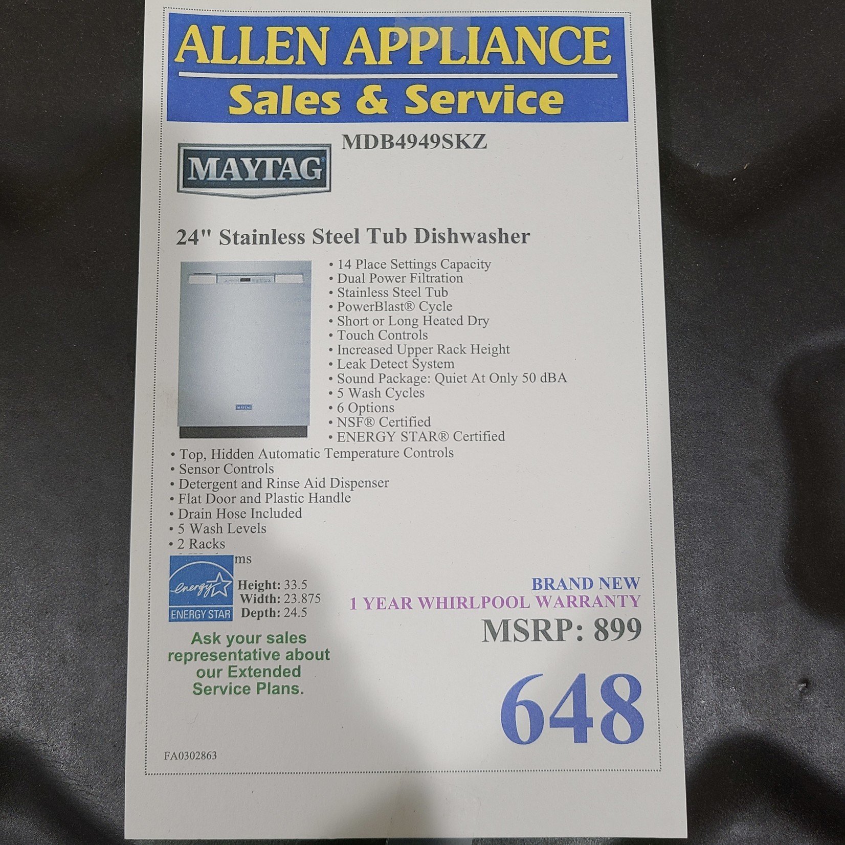 MAYTAG Maytag 24" Stainless Steel Tub Dishwasher MDB4949SKZ - FA0302863
