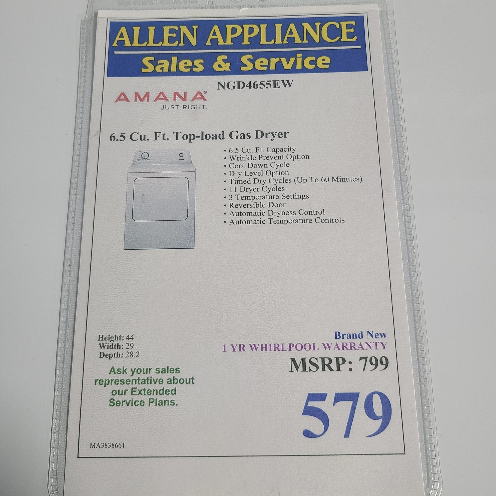 Amana AMANA 6.5 Cu. Ft. Gas Dryer NGD4655EW - MA3838661